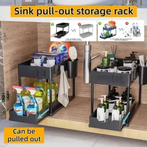 Storage Rack - Slide Out Under Sink Organizer for Kitchen Bathroom - 2-Tier