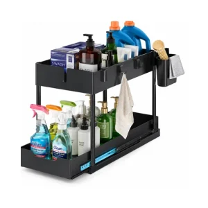 2 Tier Pull Out Under Sink Organizer Sliding Storage Rack Kitchen Bathroom Black
