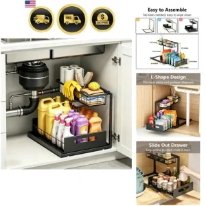 Under Sink Organizer 2 Tier Slide Out Metal Storage for Kitchen Bathroom Black